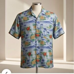 Vintage Silk Uomo Mens L Hawaiian Shirt Blue Pineapple Tropical Sand Wash Silk